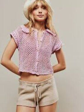 Free People Size Large Lili Crochet Sweater Pink Boho Cottagecore Style